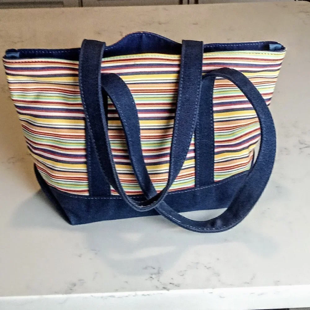 Patricia Han Navy Blue Canvas Striped Tote Bag